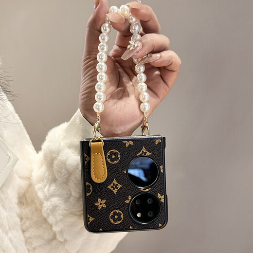 LENPY Lanpin new model suitable for Huawei Pocket2 mobile phone case folding screen crossbody advanced p50pockets hand chain protective case lanyard wrist strap p60 protective case for women all-in-pack anti-fall [coffee brown] retro trendy brand printing + pearl bracelet + oblique strap rope Huawei Pocket 2