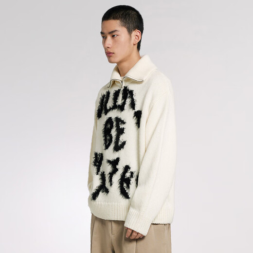 速写男装秋冬新款毛针织衫高领宽松复古提花撞色长袖毛衣 123乳白色 L