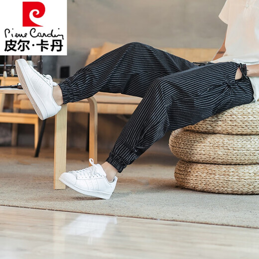 Pier Cardan linen pants for men's summer thin cropped pants tucked feet Harem pants Chinese style men's pants striped cotton linen pants trendy MK983 black L (115-135Jin[Jin equals 0.5 kg])