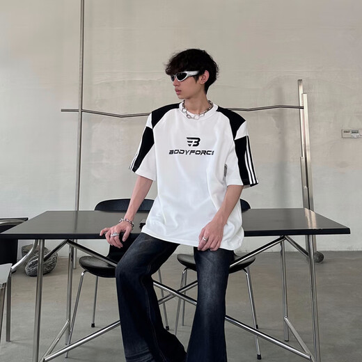 
Digada short-sleeved T-shirt men's deconstructed niche design sense heavy shoulder pad summer color-blocking print loose casual half-sleeved trend WYXS-T25 white XL