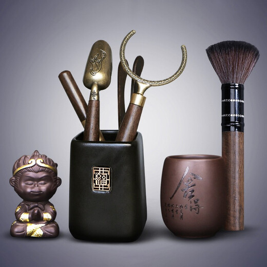 Xiangye Tea Ceremony Six Gentlemen Set Kung Fu Tea Accessories Complete Creative Spare Parts Ebony Solid Wood Brush Keeping Pot Black Pottery Sifang Laifu + Buddha's Hand Five-piece Set + Wukong + Shede