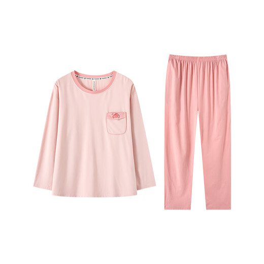 Fenton Anti-mite Pure Cotton Contrast Color Round Neck Casual Wearable Home Clothes Set Bean Paste Powder - Women's 2XL