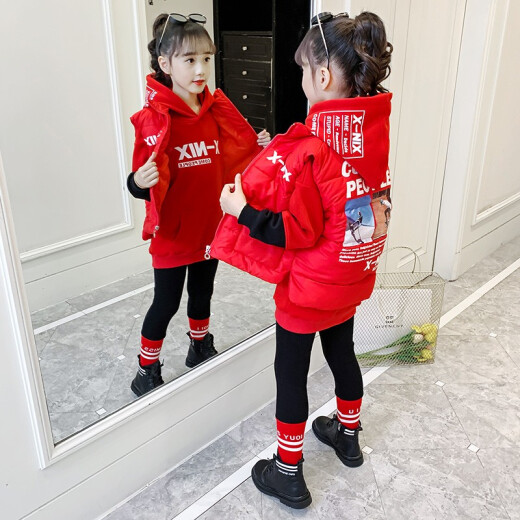 Girls Suit Winter Clothes 2020 New Autumn and Winter Children's Clothes Big Children's Sweater Vest Cotton Thickened Warm Three-piece Set Red 140 Size Recommended Height 140cm
