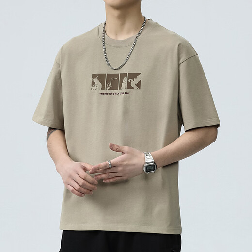 JEEP SPIRIT短袖t恤男夏季新款宽松冰丝五分袖印花男士半袖圆领休闲上衣 8105灰杏色 L