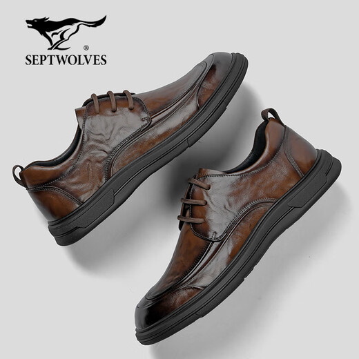 Septwolves men's shoes winter 2025 new British style first layer cowhide genuine leather shoes for men thick sole formal business casual shoes for men brown 41
