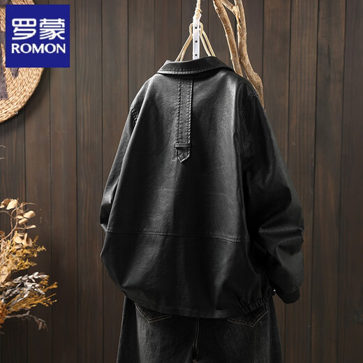 ROMON black leather jacket for women loose slimming spring and autumn new style lapel pu leather motorcycle jacket Hong Kong style jacket trendy black L recommended 125-135Jin Jin is equal to 0.5 kg
