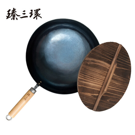 Zhensanhuan authentic Zhangqiu iron pot hand-made wok wrought iron pot uncoated and not easy to stick Yihuan light pot gift box set Ancient roasted blue 32cm + spatula + lid 4-piece set