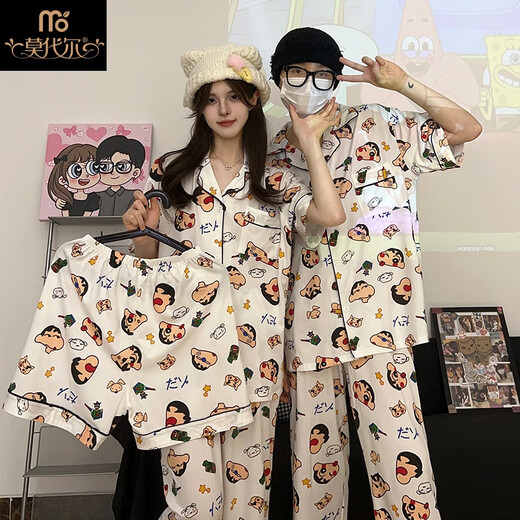 Modal Japanese cute Crayon Shin-chan couple pajamas for women summer pure cotton short-sleeved summer men's home wear three-piece suit White Crayon Shin-chan short sleeves + shorts + trousers Men's L size 90-120 Jin Jin equals 0.5 kg Wear