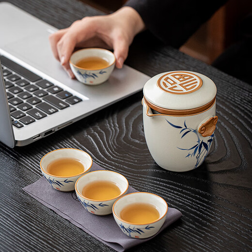 Tangfeng Ru Kiln Travel Tea Set Portable One Pot Four Cups Outdoor Camping Accompanying Tea Making Quick Cup Housewarming Gift Bamboo Rhyming Ruyi Quick Cup