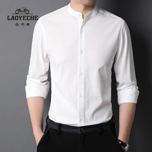 老爷车（LAOYECHE）仿亚麻立领长袖衬衫男春秋季商务休闲纯色上衣打底衫爸爸装衬衣男 AG9930浅灰 M