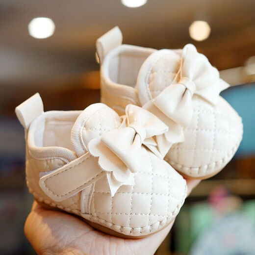贝好萌MERRIER SWEETIE婴儿学步鞋6-12个月秋冬季防滑初学者女宝宝鞋子0-1岁学步鞋防掉 米白色 13码(内长10.5CM)