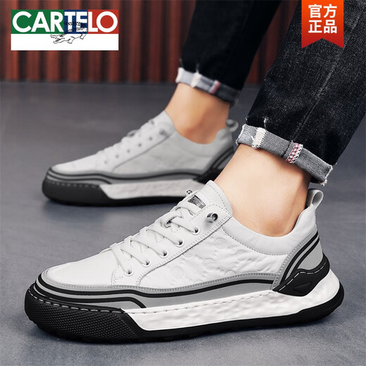 卡帝乐鳄鱼（CARTELO）鞋子男秋天新款低帮皮面透气轻便板鞋男士春秋季休闲运动工装鞋潮 L1392黑色 42