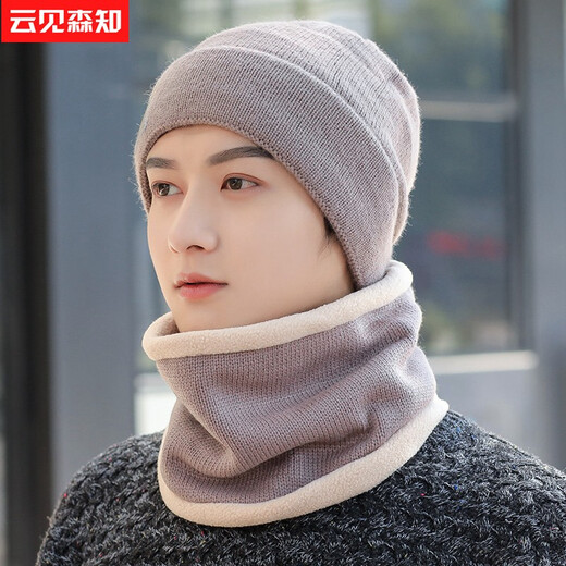 Yunjian Senzhi Hut Herren Winter Mode gestrickt und samtig verdickte warme Wolle Hut trendy kaltes Hutschal Set 9738 Beige