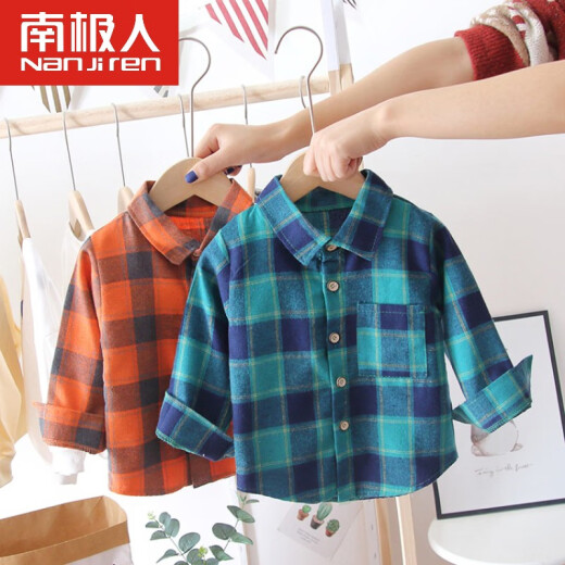 Antarctic children's clothing children's plaid shirt baby boy spring new cotton long-sleeved shirt 1-6 years old cartoon style casual striped cotton long-sleeved thin jacket orange 120