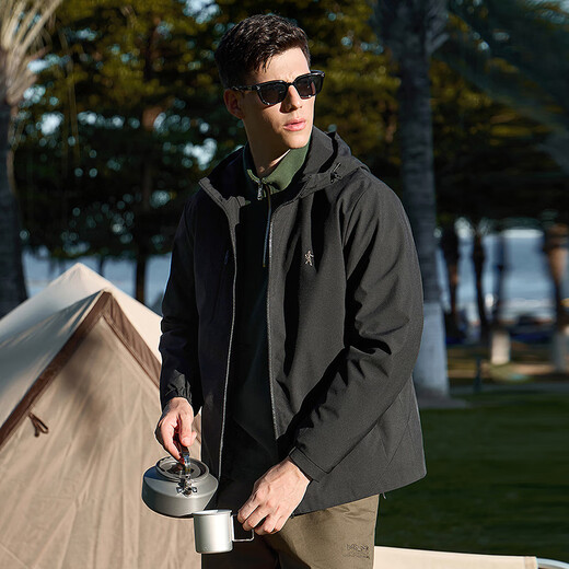 Dances with Wolves Velvet Lined Jacket Men's Winter Three-Proof Technology Hooded Jacket Men 001 Black 175