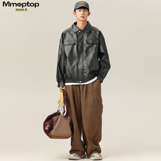 MMOPTOP潮牌美式鳄鱼纹PU皮衣外套男士春秋季翻领机车夹克YH26 黑色 XL