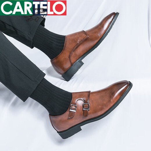 卡帝乐鳄鱼（CARTELO）皮鞋男士夏季搭扣复古商务正装休闲朋克夜发型师新郎结婚鞋男鞋子 -3883黑色 40