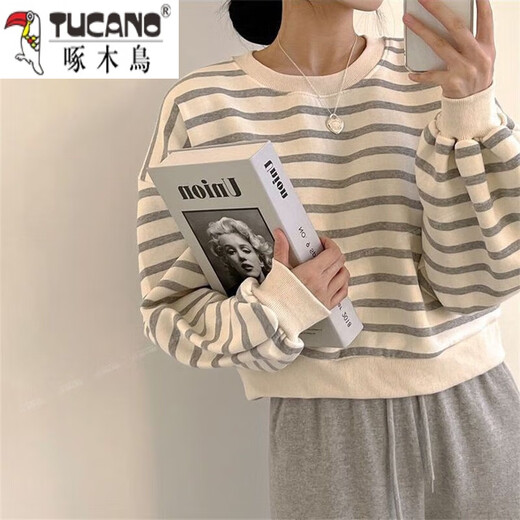 啄木鸟条纹卫衣女款宽松慵懒风加绒甜辣春秋冬季上衣服外套韩版潮流 9923卫衣 黑色 薄款 S 65-80斤