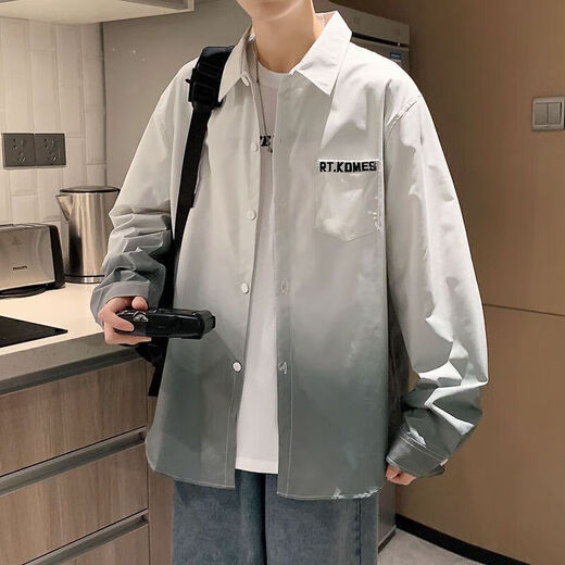 丹俏丽衬衫男士春夏季新款韩版潮流拼接印花长袖衬衣青少年宽松痞帅外套 白色 679 M