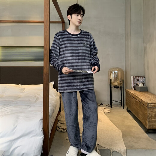 睡衣男秋冬季法兰绒加厚保暖圆领卡通学生中青少年宽松男士家居服 WYEX3890 2XL (推荐135-155斤)