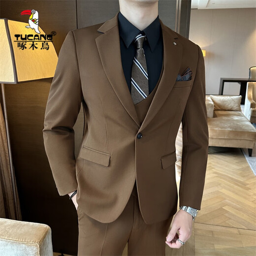 Woodpecker (TUCANO) 2025 Autumn High Quality Dark Green Suit Men's Suit Business Casual Formal British Style Groom Wedding Dress Black (suit + trousers) XL 52 (125-135Jin Jin equals 0.5kg)