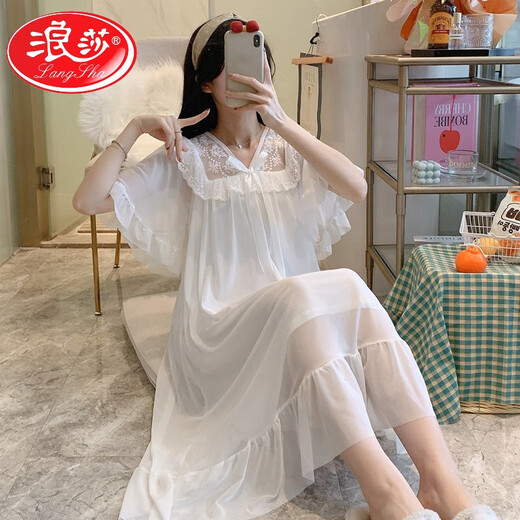 LangSha Palace Style Princess Night Dress Summer Thin Sweet Modal Pajamas Lace Lace Mesh Ice Silk Home Suit Summer W7371 XL [Recommended 120-140Jin [Jin equals 0.5 kg] Wear]