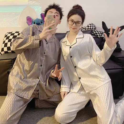 YIMENGTO Yimen camel couple ice silk pajamas for men and women spring and autumn long-sleeved plus size 200 Jin Jin equals 0.5 kg, loose-fitting home wear suit 8606 female-8608 male XL female style (115-135 Jin Jin equals 0.5 kg