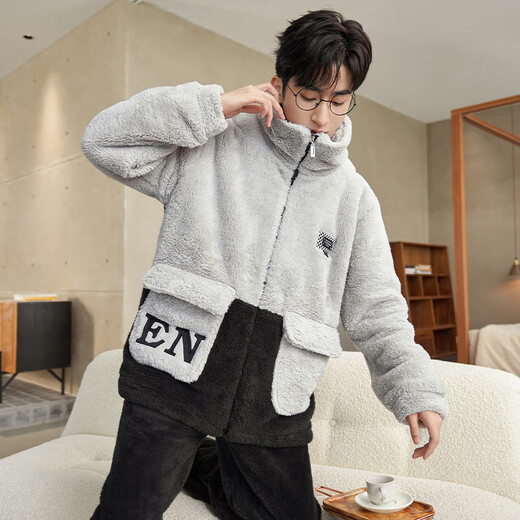 蓓星彤男士睡衣秋冬季珊瑚绒加厚加绒保暖青年休闲可外家居服秋冬款套装 1349N浅灰+黑色【立领款】 L 【建议100-138斤】