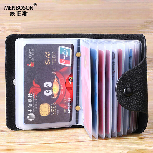 Momboska bag men's first-layer cowhide large-capacity coin purse with multiple card slots for bank cards, documents, anti-theft card storage bag, black simple style, anti-theft 20 cards + 2 mirror windows