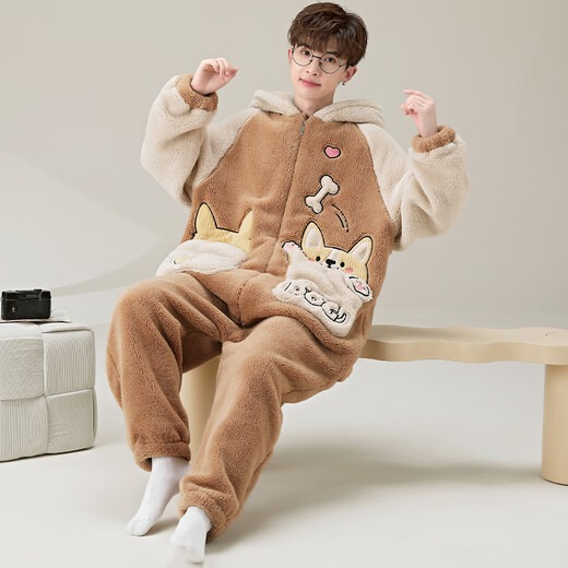 少年情话睡衣男秋冬款加绒加厚珊瑚绒带帽冬天休闲家居服套装可外穿连体衣 YPF3893哈士奇 男3XL(180-210斤)