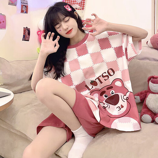 DYAASS大码200斤睡衣夏季少女士短袖短裤夏款甜美可爱胖mm家居服加大号 672紫熊 4XL码175-210斤加肥大码