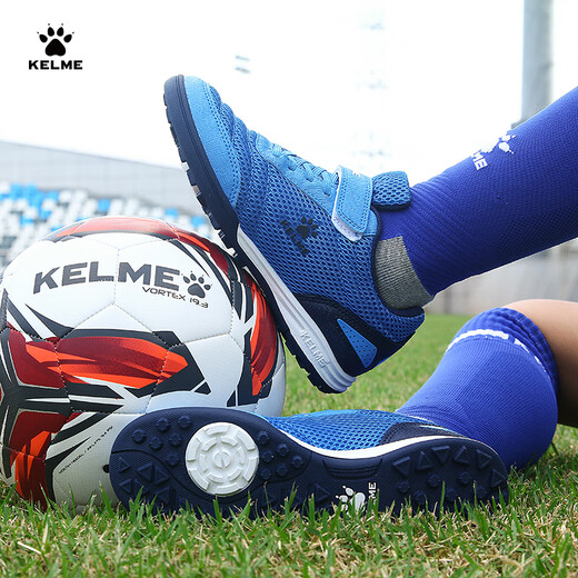 
KELME football shoes Velcro teen lace-free broken nails TF breathable student sneakers Color blue 33