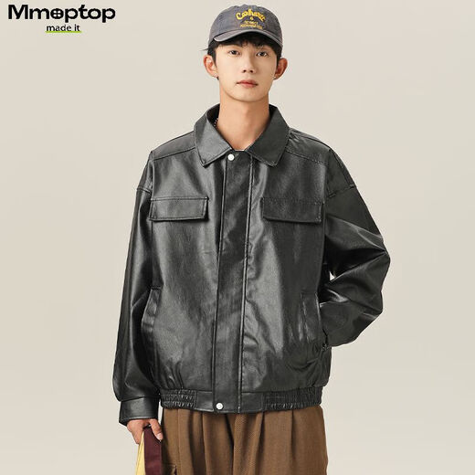 MMOPTOP潮牌美式鳄鱼纹PU皮衣外套男士春秋季翻领机车夹克YH26 黑色 XL