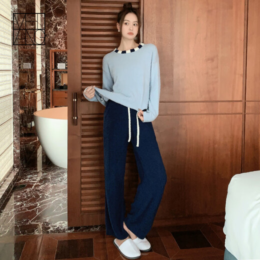 MEIYANG winter island home wear densely woven half-velvet warm color-blocked round neck top casual pants fashionable temperament suit for women blue XL