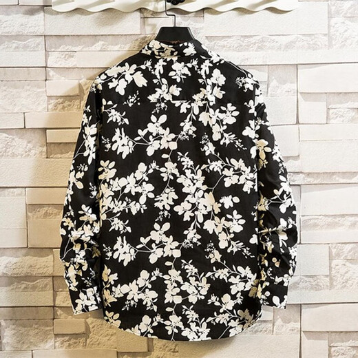 Nyckjk Frühling kleines Blumendruck-Shirt Herren Langhülle Casual Trendy Marke reines Baumwollmuster Shirt Stylish Schwarz-Weiß-Jacke Top 1049 Nr. 1049 Nr. 1 M Lose Version 105-120jin [Jin gleich 0,5 kg] tragen