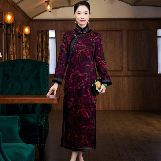 Xiyue Chinese style Wu Ling silk mulberry silk quilted warm long cheongsam dress 2025 winter new year picture color L (weight 105~115)