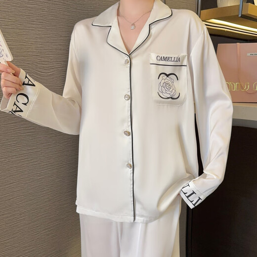 珍韵缘春秋夏季睡衣女冰丝长袖薄款开衫性感仿真丝高级感白色甜美家居服 13807#白色 M
