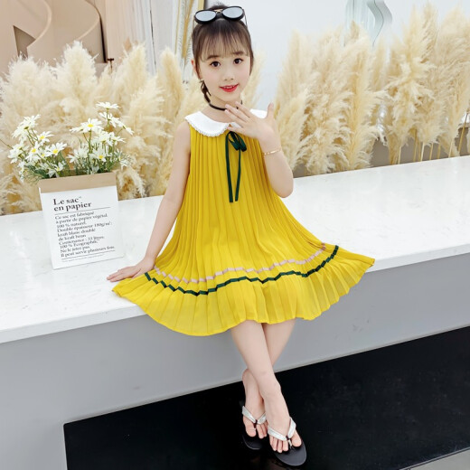 Tongyu children's clothing girls' dresses summer clothes 2021 new summer season Korean version medium and large children's style princess dress little girl vest skirt 3-14 years old trendy clothes chiffon skirt yellow 140 size recommended height 125-135cm