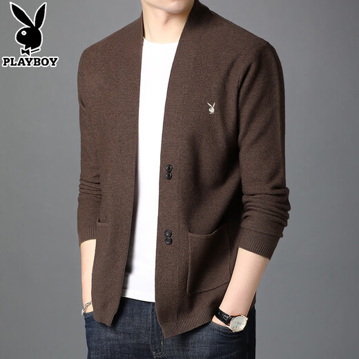 花花公子（PLAYBOY）长袖开衫男装春季新款复古外套男针织毛衣秋冬韩版羊毛开衫男线衣 黑色 180/XXL