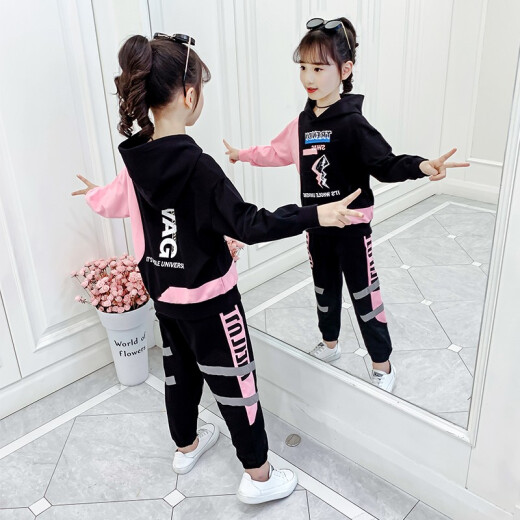 Future Partner Children's Clothing Girls' Suit 2020 Autumn Children's Medium and Large Children's Hooded Long-Sleeved Pants Suit Girls' Sports and Leisure Suit Korean Version Trendy Pink Size 140 Recommended height is about 130cm