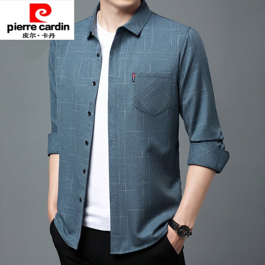 Pier Cardin High-End Pure Cotton Long-Ärmeln Hemd für Männer Frühling und Herbst Echtes Taschenmeister im mittleren Alter losen großer Hemd für Männer und Samt verdickte 6626 Blau 180/2xl 145-160jin [Jin entspricht 0,5 kg]