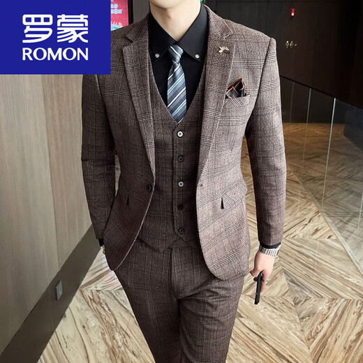 ROMON Suit Men's Slim Casual Business Formal Wear Groom Wedding Dress Plaid Suit Jacket Trend 2017 Gray Plaid Single-piece Suit Top XL 121-135Jin Jin is equal to 0.5 kg