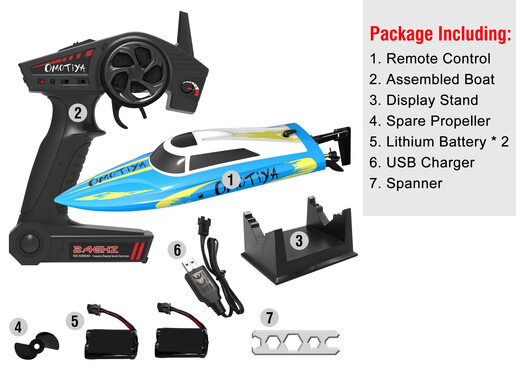 Bateau à grande vitesse télécommandé OMOTIYA pour enfants de 8 à 12 ans 20 km/h 4 canaux 2,4 GHz