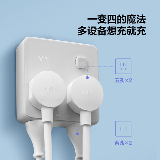 Bull (BULL) one-turn multi-socket expander plug-in strip expander conversion head one-to-two adapter socket conversion plug Generation Z Type 86 one-to-four master control Morning Mist White Z93221
