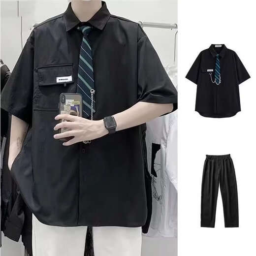 唐号学院风dk制服白衬衫男短袖夏季白衬衫休闲港风情侣毕业班服五分袖 C11纯色衬衫+领带+西裤 L