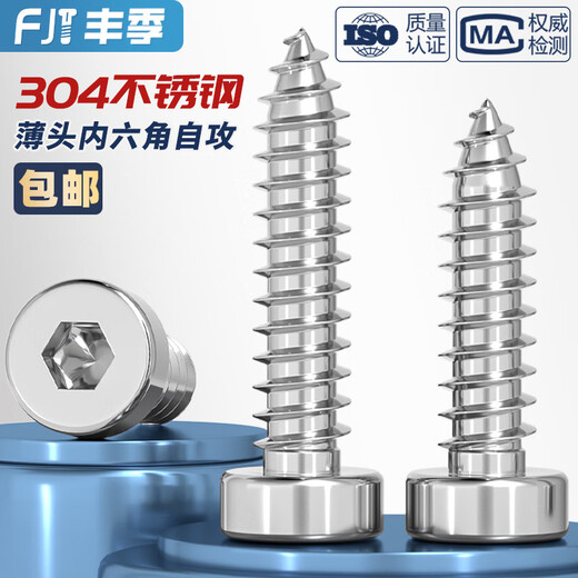 Fengji 304 stainless steel thin head hexagonal self-tapping screw cylindrical head cup head short head flat head wood screw bolt M2-M8 M6*20 10 pcs