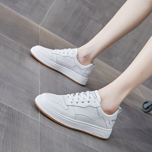 Offizielle Website Square Echtes Lederrundzehen flache weiße Schuhe für Frauen 2025 Frühling neu