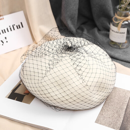 Tuzun hat for women in autumn and winter wool lace mesh beret British retro painter hat Korean Japanese beret fashion black suggested head circumference (56-58cm)