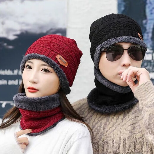 潮思汇冬季加绒加厚帽子围脖手套三件套男女毛线保暖帽韩版套头针织帽 墨黑色【帽子+围脖+手套】 零下20度恒温锁暖++
