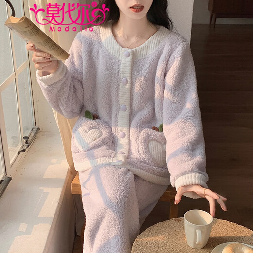 莫代尔珊瑚绒睡衣女秋冬季加绒加厚开衫套装甜美可爱法兰绒可外穿家居服 3882-郁金香 M